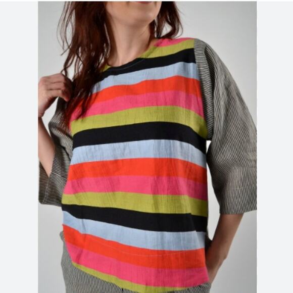 Alembika Mixed Print Media Striped Linen Top Small Multicolor Lagenlook Artsy - Picture 11 of 11